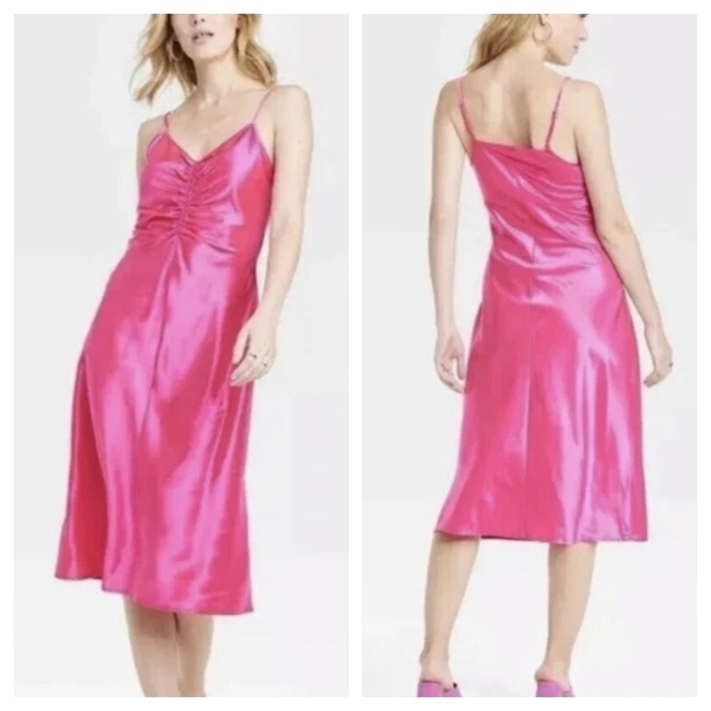 M NWT Magenta Pink Cinched Satin Spagetti Strap Slip Dress Midi A New Day Preppy